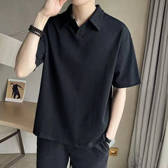 Threebooy  Trend Polo Neck Loose Simplicity T Shirts Men's New Summer Short Sleeve Solid Street Casual Tops Fashion Vintage Men Clothing