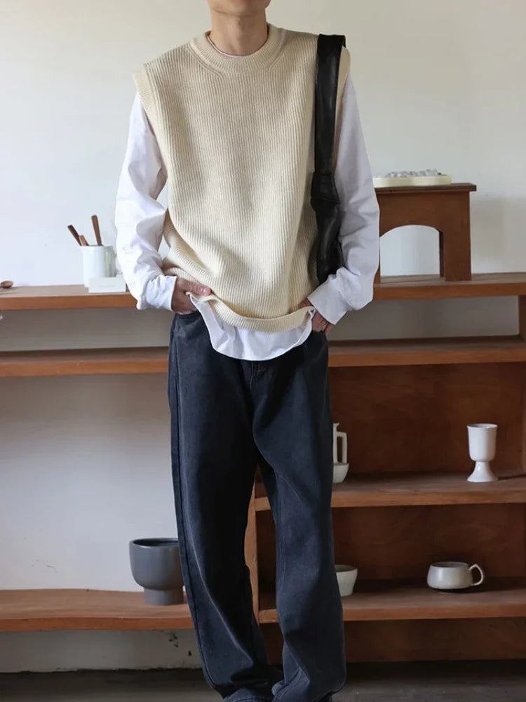 Threebooy Knit Sweater Male Sleeveless Solid Color Men's Clothing Waistcoat Vest Crewneck Black Round Collar Plain Korean 2024 Autumn Old