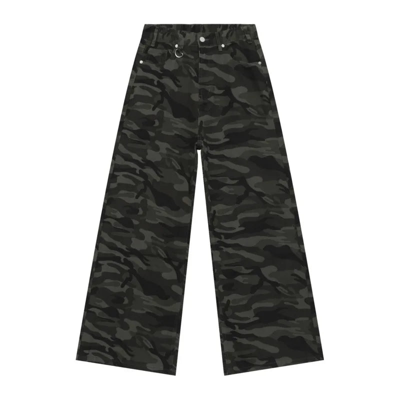 Threebooy  High Street Men's Denim Pants Camouflage Casaul Straight Bottom Simple Wide Leg Loose Trousers Spring Stylish 2025