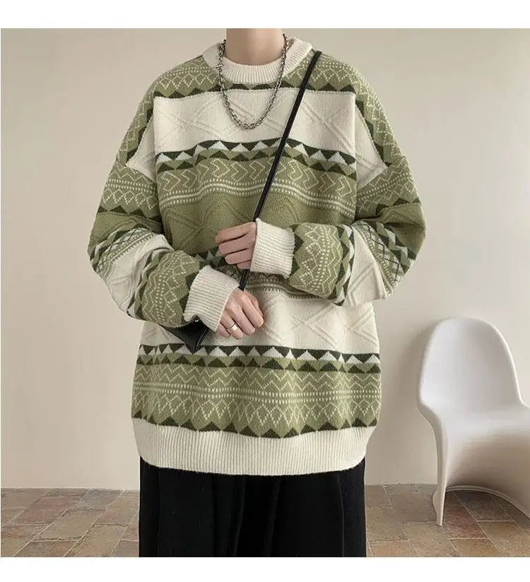 Threebooy Autumn and Winter Round Neck Sweater for Men Casual Trendy Brand Streamer Lazy Style Contrast Striped Knitted Sweater