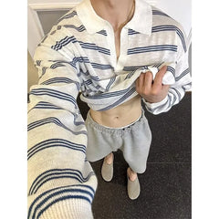 Threebooy  New Japanese Striped Male Polo Shirt Trendy Loose V Neck Knitted Long Sleeve T-shirt Casual Lazy Sports Fitness Basic Tops M-3XL
