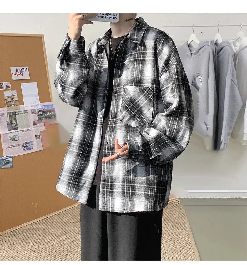 Threebooy Harajuku Long Sleeve Plaid Shirts Men Big Size M-5XL Autumn Chic Loose Vintage High Street All-match Gentleman Camisa