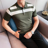 Threebooy Fashion Business Male Turn-Down Shirts Summer Striped Slim Tops Pullover Men Casual Button Design Short Sleeve Polo Shirts