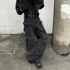 Threebooy  American heavy industry multi pocket splicing design straight tube workwear jeans men and women trendy retro casual pants y2k