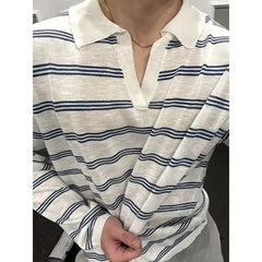Threebooy  New Japanese Striped Male Polo Shirt Trendy Loose V Neck Knitted Long Sleeve T-shirt Casual Lazy Sports Fitness Basic Tops M-3XL