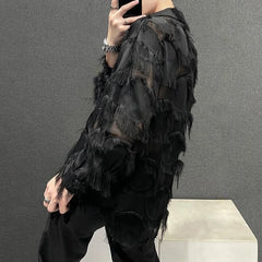 Threebooy Men Sexy Mesh See-Through Feather Tassel Long-Sleeve Shirt Autumn Genderless Nightclub Personalized Stage Performance Top Unisex