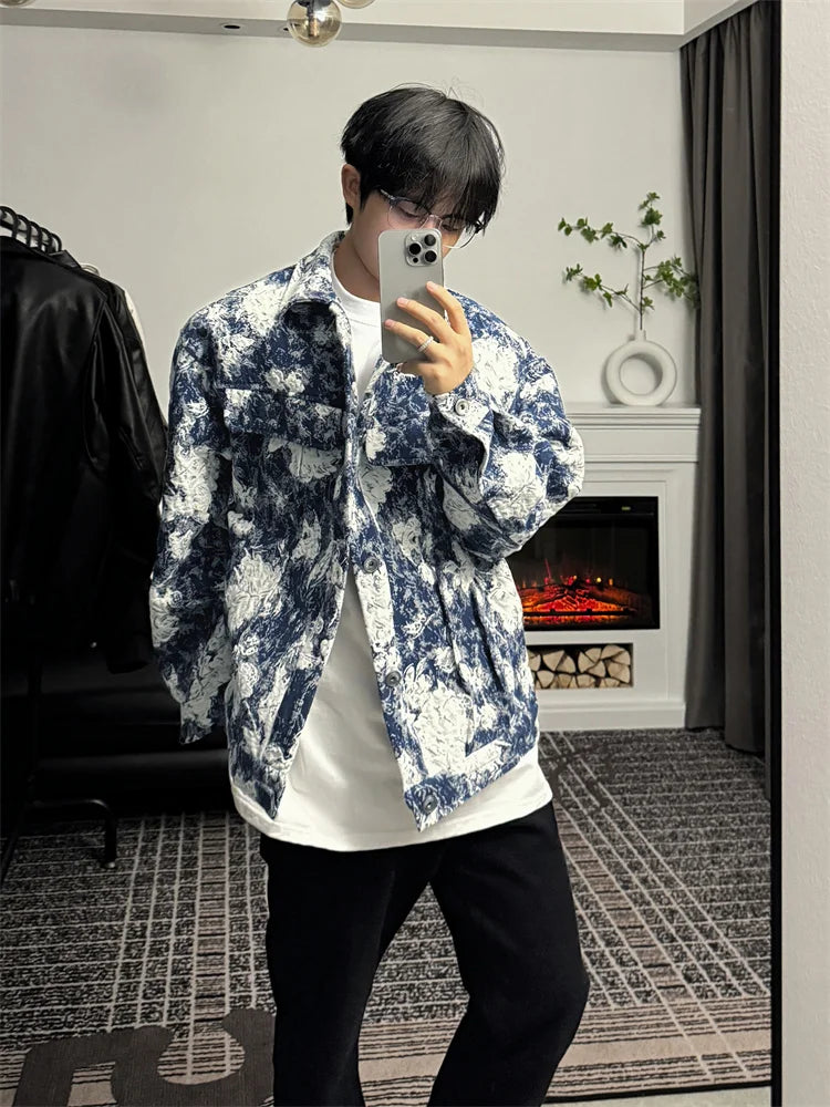 Threebooy  Korean Retro Vintage Jacquard Short Shoulder Pad Denim Jacket Men's American Style High-end Design Street Jacket Aesthetic Chic