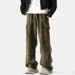 Threebooy Men's Leopard Printing Jeans Loose Wide Leg Workwear Casual Pants Fashion Trend Streetwear Cargo Pocket Trousers M-2XL