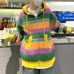 Threebooy Mens Street Y2k Colorful Striped Knitted Hooded Jacket Autumn Winter Genderless Korean Version Lazy Style Casual Sweater Unisex