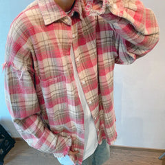 Threebooy 2024 Loose Casual Pink Plaid Shirt Tops men's Clothing Autumn Retro Versatile Cotton Lapel Oversize Long Sleeve Shirt Blouse