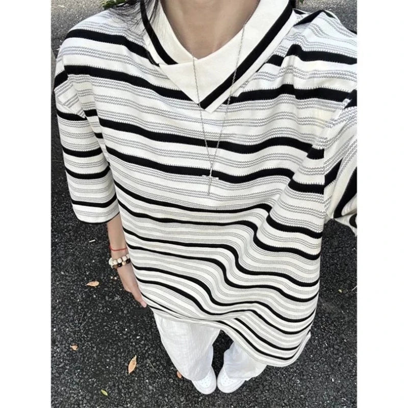 Threebooy  Striped Irregular Polo Neck Trend Tops Men's Summer New Thin Short Sleeve Contrast Fashion T Shirts Casual Vintage Men Clothing