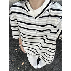 Threebooy  Striped Irregular Polo Neck Trend Tops Men's Summer New Thin Short Sleeve Contrast Fashion T Shirts Casual Vintage Men Clothing