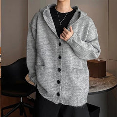 Threebooy Winter Men's Hooded Cardigan Japanese Retro Loose Button-down Knitted Sweater Coats Premium Quality Long Sleeve Pocket Hoodies