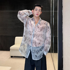 Threebooy Transparent Shirt Men Fashion Printed Harajuku Shirt Top Korean Loose Casual Clothes Sun-proof Daily All-match Summer Holiday