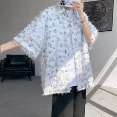 Threebooy Summer Butterfly Tassel Splice Shirt Men Loose Casual Floral Short Sleeve Shirts Women Oversize Streetwear Boy Girl Blouses