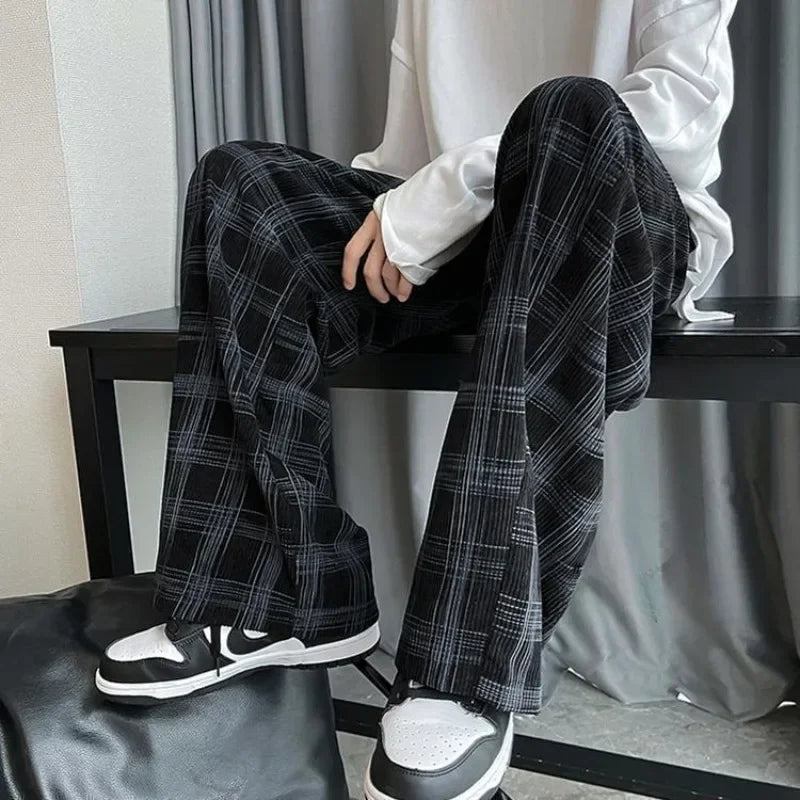 Threebooy Check Trend Plaid Baggy Trousers For Men Loose Classic Korean Style Designer Clothes Big Size Harajuku Fashion Casual Pants Man