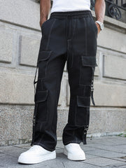 Threebooy  Men's Street Style Multi-Pocket Work Trousers Loose Straight Leg Casual Urban Fashion Suitable for All Seasons