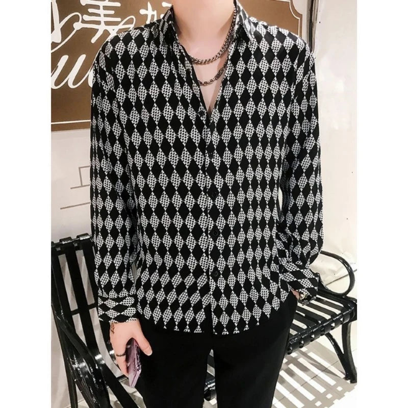Threebooy  Spring Autumn Fashion Pure Cotton Turn-down Collar Long Sleeve Diamond Check Blouse Men's Clothing Trend Button Vintage Shirts