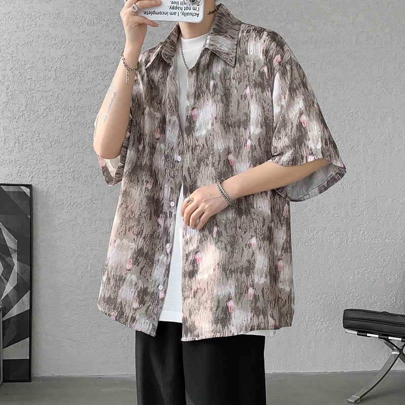 Threebooy Men Ice Silk Smooth Shirt Spring Summer Thin Luxury Loose Korean Casual Shirt Beach Trendy Floral Draping Shirts Plus Size 5XL-M