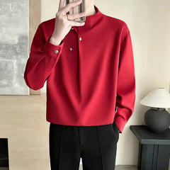 Threebooy  Spring Long Sleeved Pullover Shirt Men Loose Casual Social Streetwear Shirt  Button Decoration Korean Shirt Men Clothing