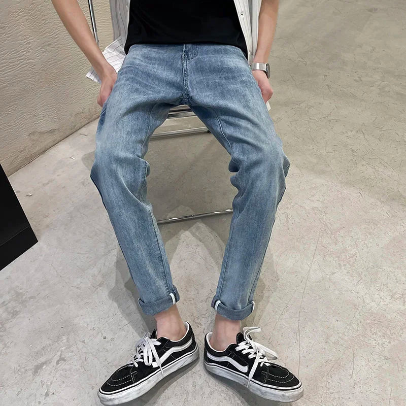 Threebooy Simple Blue Washed Jeans Men's Casual All-match Fashion Slim Pencil Pants Wear-resistant Spring Summer Stretch Denim Pants Thin