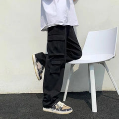 Threebooy Male Trousers White Aesthetic Men's Cargo Pants Wide Multi Pocket Summer Multipockets Straight Clothing Long Fashion Regular Fit