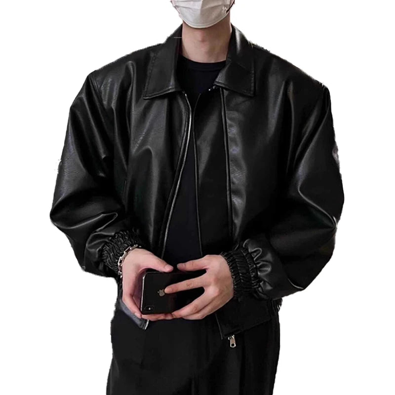Threebooy  High Street Trendy PU Leather Crop Jacket Casual Textured Locomotive Zipper Turn-down Collar Solid Color Long Sleeve Men's Coats