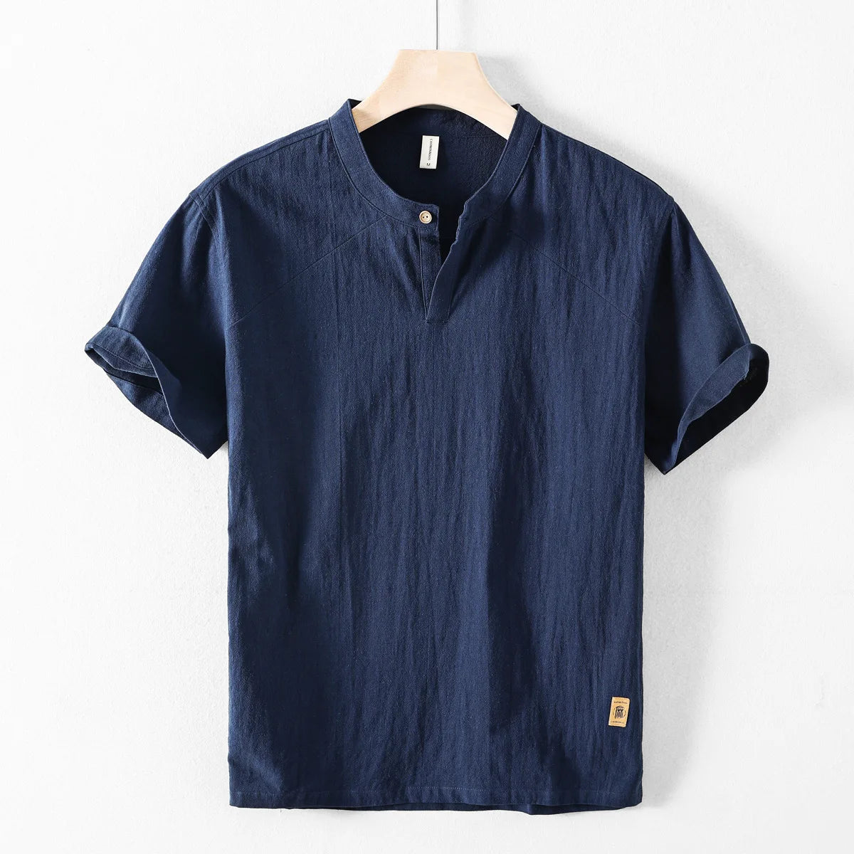 Threebooy Summer Men's Stand Collar Cotton Linen Shirt Casual Button Short Sleeve Beach Shirts Hawaiian T Shirts For Men