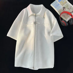 Threebooy Niche Design Zipper Shirt Men's Short-sleeved Summer 2025 New Waffle High-end Casual Shirt Hip Hop Unisex Zipper Blouse