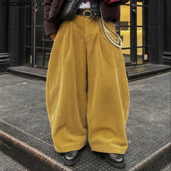 Threebooy  Men Corduroy Pants Solid Color Button Joggers Loose Wide Leg Trousers Men Streetwear Fashion Casual Male Long Pants
