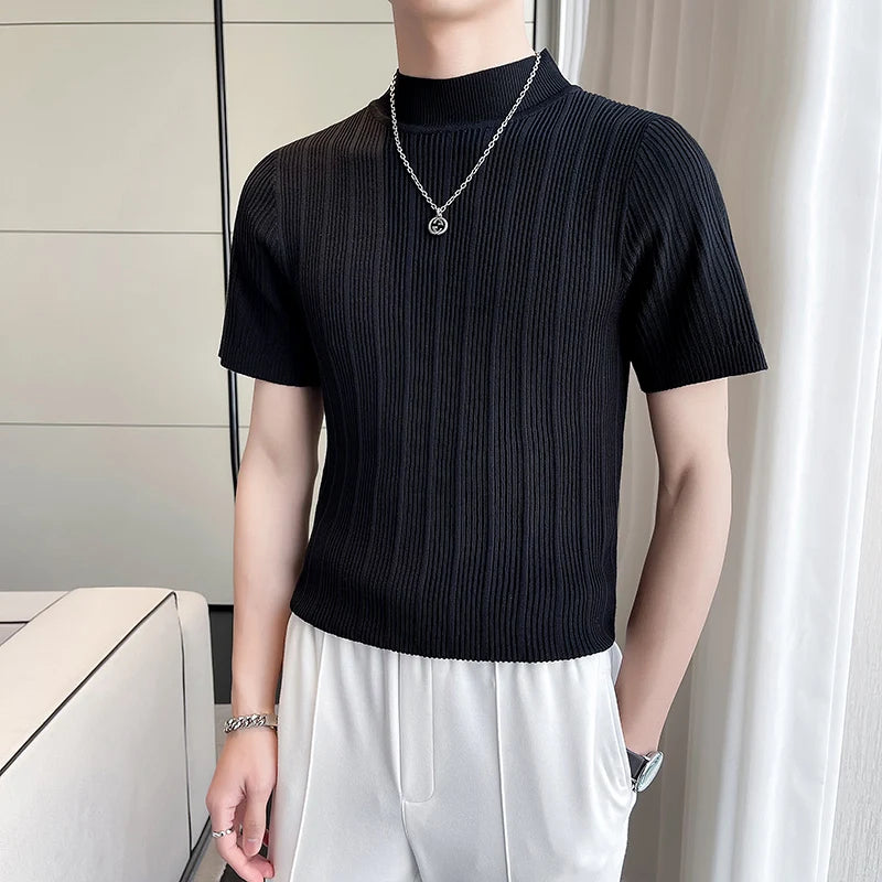 Threebooy  Korean style Tees Men Summer Casual Knit T-shirts/Male slim fit stripe High neck knitting T-shirt 4XL