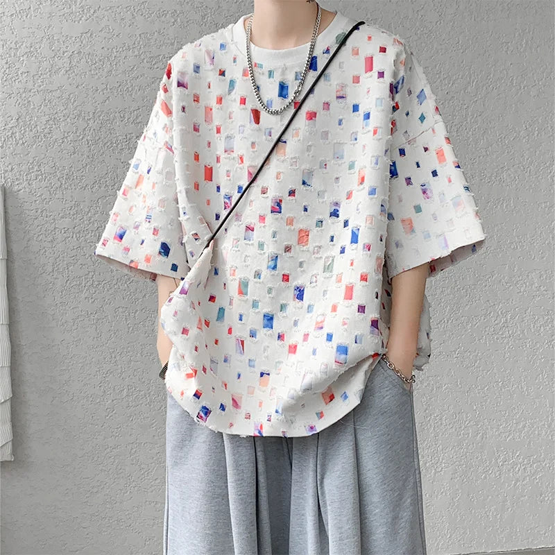 Threebooy  Summer Short Sleeved T-shirt Men Fashion Oversized Plaid T Shirt Men Streetwear Hip Hop Loose Hollow Out Tshirt Mens Large Size