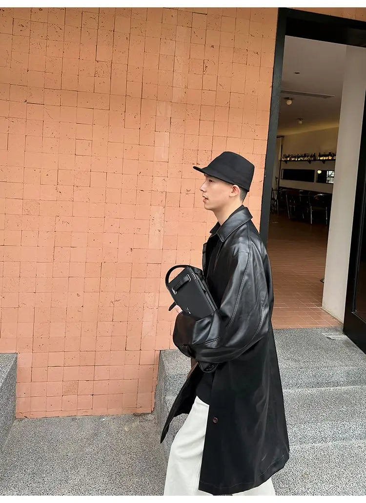 Threebooy 2025 Spring Pu Leather Jacket Men's Mid-length American Retro Long Jacket Lapel Button Coat Trendy Cityboy Windbreaker