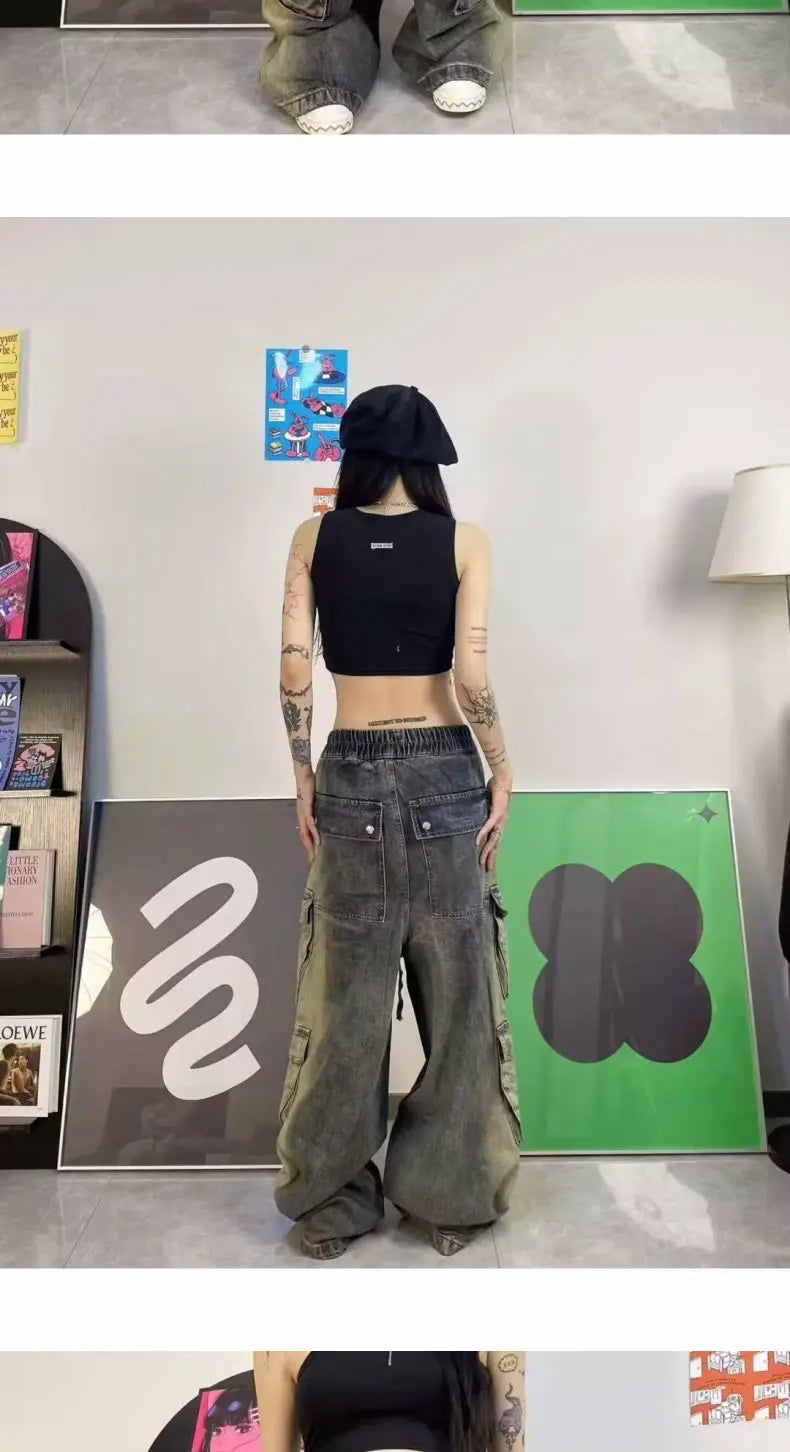Threebooy Street men and women trendy and personalized hip-hop straight leg washed gradient jeans for couples loose casual Harajuku pants