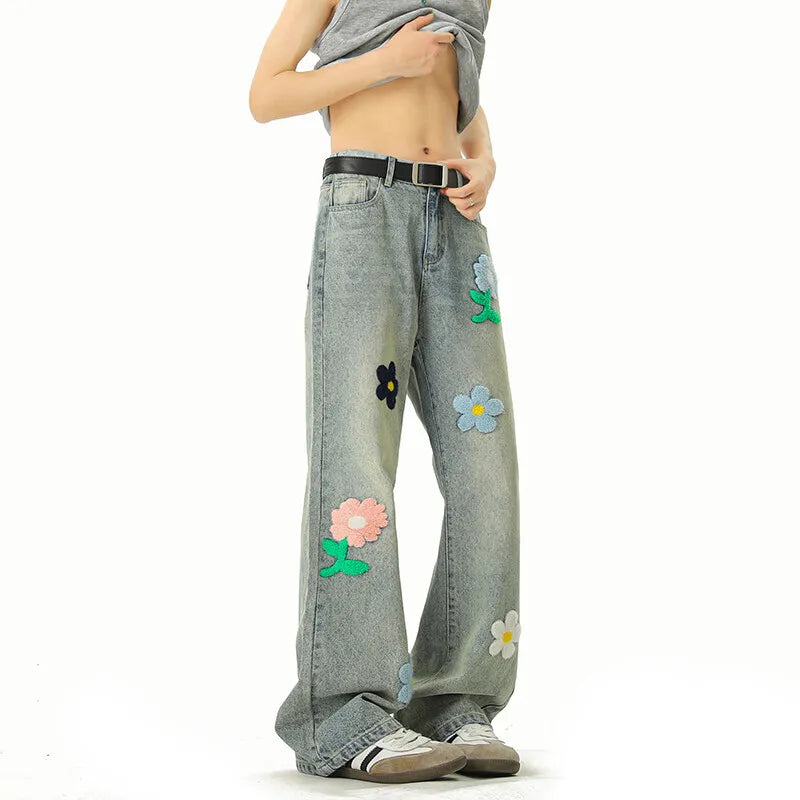 Threebooy Blue Jeans Men Fashion Casual Straight Jeans Streetwear Hip-hop Loose Flower Jeans Mens Vintage Denim Pants Man Trousers