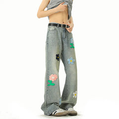 Threebooy Blue Jeans Men Fashion Casual Straight Jeans Streetwear Hip-hop Loose Flower Jeans Mens Vintage Denim Pants Man Trousers