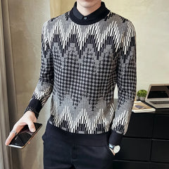 Threebooy  Thick Warm Jacquard Fake Two-piece Sweater Men Long Sleeve Slim Casual Shirt Collar Knitted Pullover Fashion Knitwear Tops