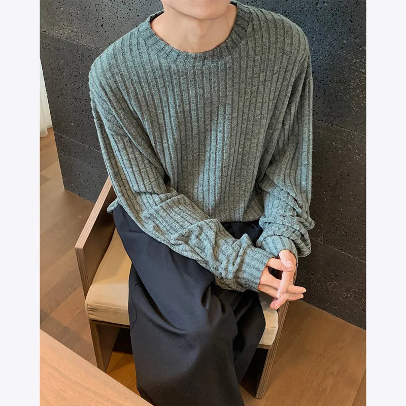 Threebooy  Autumn Long Sleeved T-shirt Men Fashion Casual Striped T Shirt Men Oversize Streetwear Korean Loose Round Neck T Shirt Mens Top