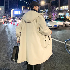 Threebooy Hooded Trench men Autumn Coat 2025 AW Mid Length Outdoor Casual Trendy Youth Topstitching Patch Pockets Unique Fashion