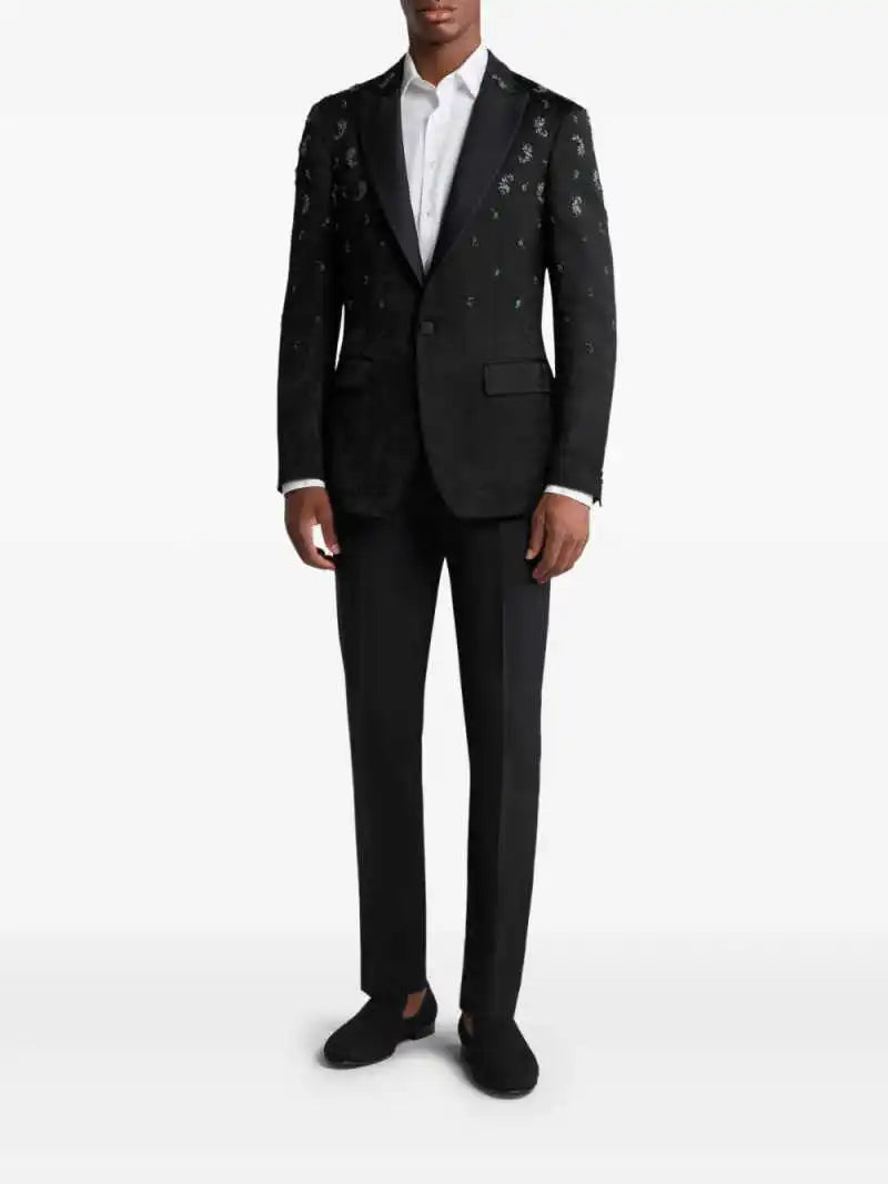 Threebooy  Luxury Jacquard Wedding Groom Tuxedos 2 Pieces Blazer Pant Peaked Lapel Crystal Beaded Men Formal Party Suit
