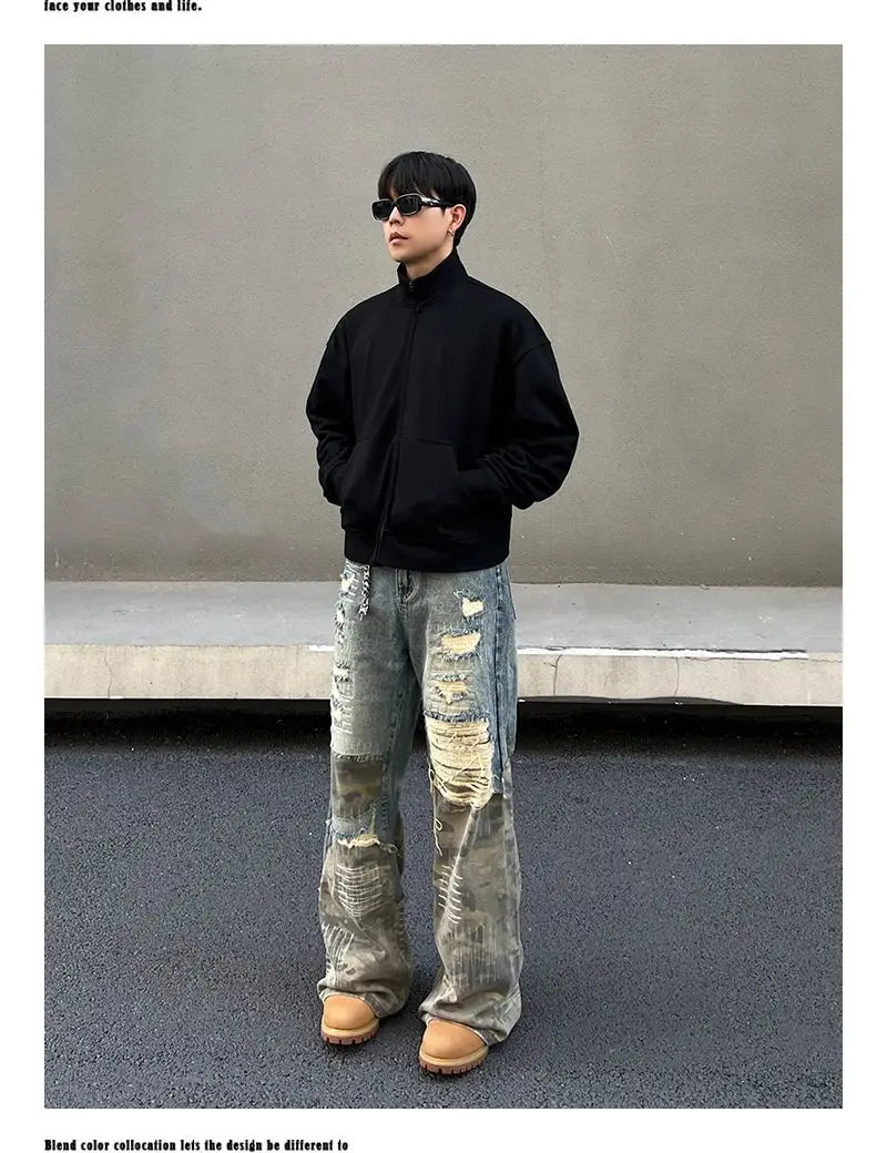 Threebooy American high street men and women trendy washed straight leg jeans for couples loose retro spring and autumn casual pants y2k