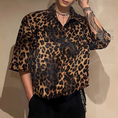 Threebooy  Summer New Men's Leopard Print Short-Sleeved Shirt American Retro Fashion Trend Street Loose Casual Breathable Niche Men's Tops