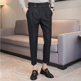 Threebooy Men Spring Summer Belt Decoration Casual Ankle Length Pants Fashion Slim Fit Suit Pants Streetwear Social Business Trousers