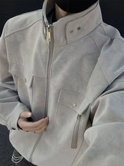 Threebooy Street Zipper Jacket High-end Handsome Stand-up Collar Coat American 2025 Retro Handsome Work Jacket Loose Top Urban