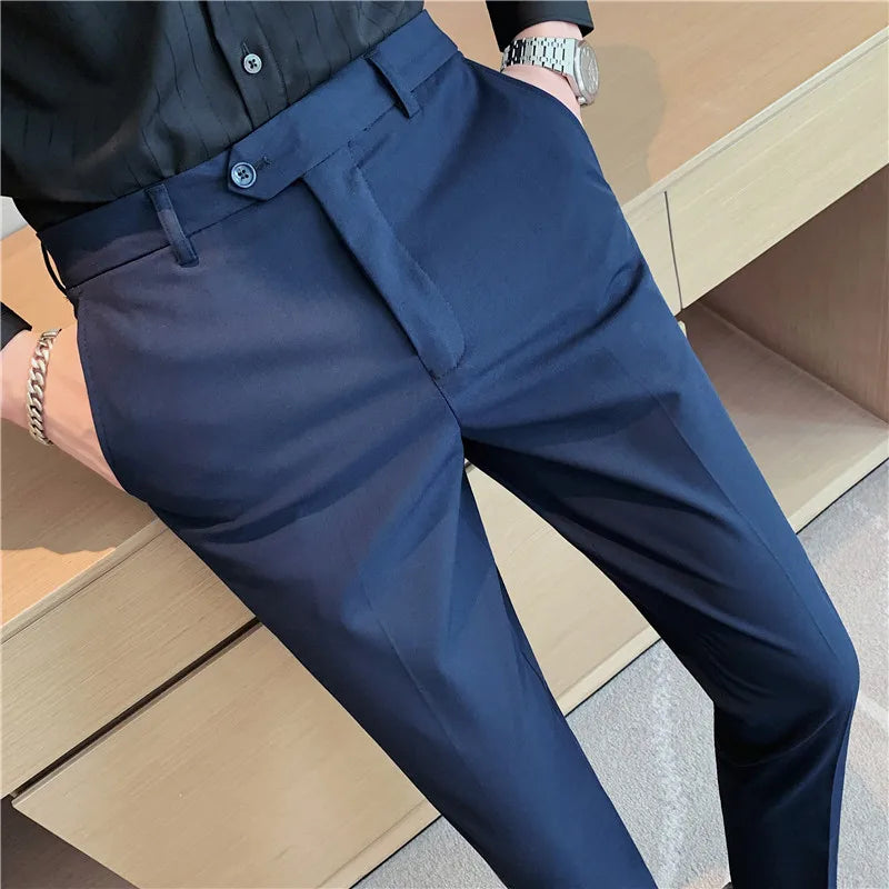 Threebooy  New Men Non-iron Fabric Dress Pants Slim Straight Black White Casual Suit Pants Male Business Little Feet Suit Trousers