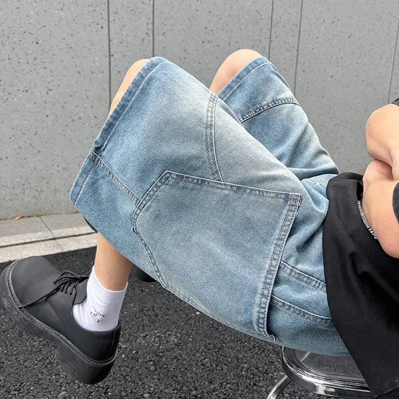Threebooy  Summer New Baggy Denim Shorts Fashion Casual Straight Harajuku Jeans Male Vintage Wash Drawstring Short Pants Streetwear