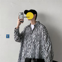 Threebooy Men's Classic Black and White Striped Shirt Japanese Loose Casual Large Size Couple's Model Lapel Tops Street Trendy Clothing