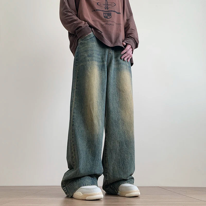 Threebooy Jeans men Baggy Jeans Straight Casual Distressed Vintage Jean Pants Men Wide-leg Denim Trousers Male Oversize Streetwear Fashion