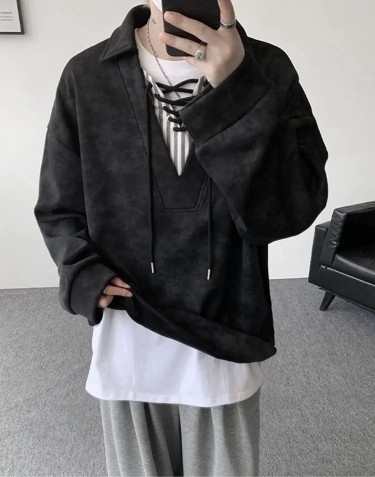 Threebooy Collar Sweatshirt Mens Layered V Neck Pullover Fake Two Piece Streetwear Casual Hoodie Jacket Fall 2025 New Tie Dye Design