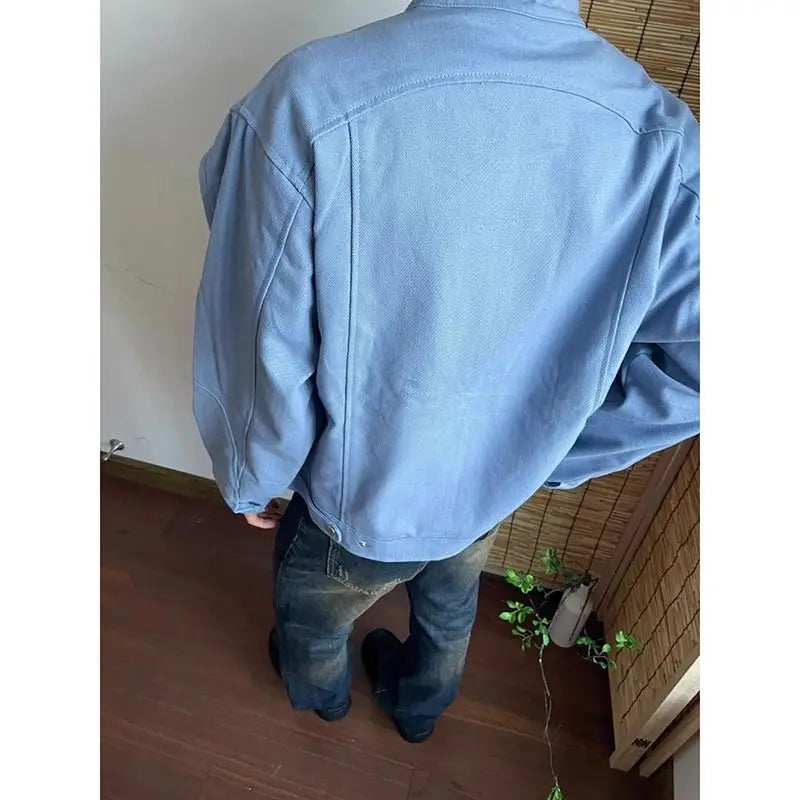 Threebooy Punk Spliced Jacket High-end Blue Short Work Cargo Coat Men's Handsome Trendy Solid Color Zipper Jacket All-match Top